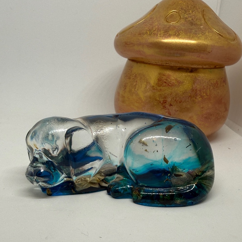 Artisan Unique Resin Dog Figurine - Blue and Clear With Flowers